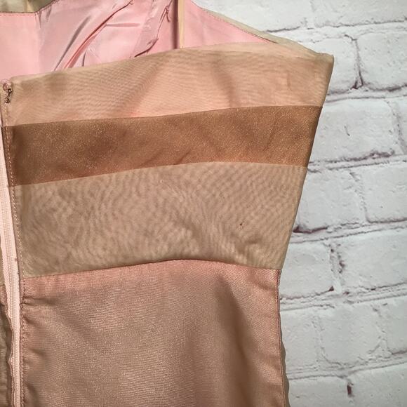 Vintage 60s Peach Blush Party Dress Ruffled Bodice Skinny Strap Front Bow M L - Picture 5 of 9